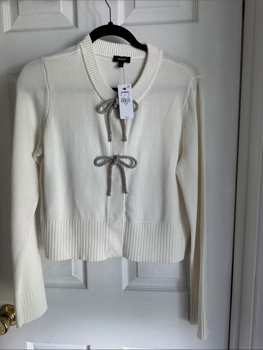 Express Cream Knit Cardigan with Silver Bow Ties